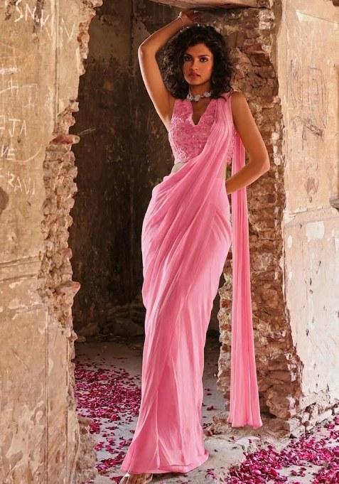 Pink Hand Work Embellished Pre Draped Saree Set