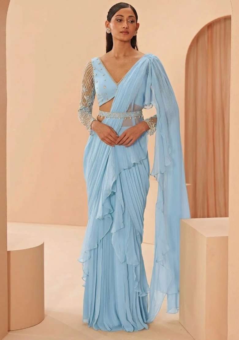 Blue Hand Work Embellished Pre Draped Saree Set - Indya