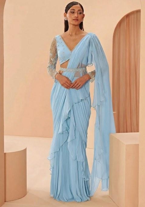 Blue Hand Work Embellished Pre Draped Saree Set