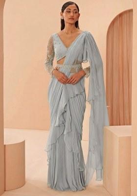 Grey Hand Work Embellished Pre Draped Saree Set
