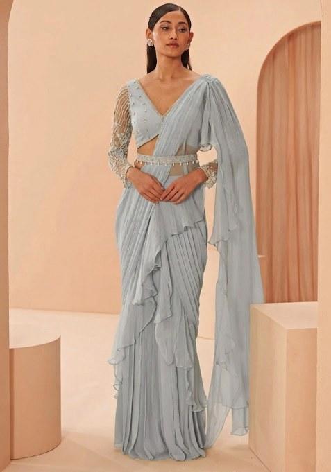 Grey Hand Work Embellished Pre Draped Saree Set