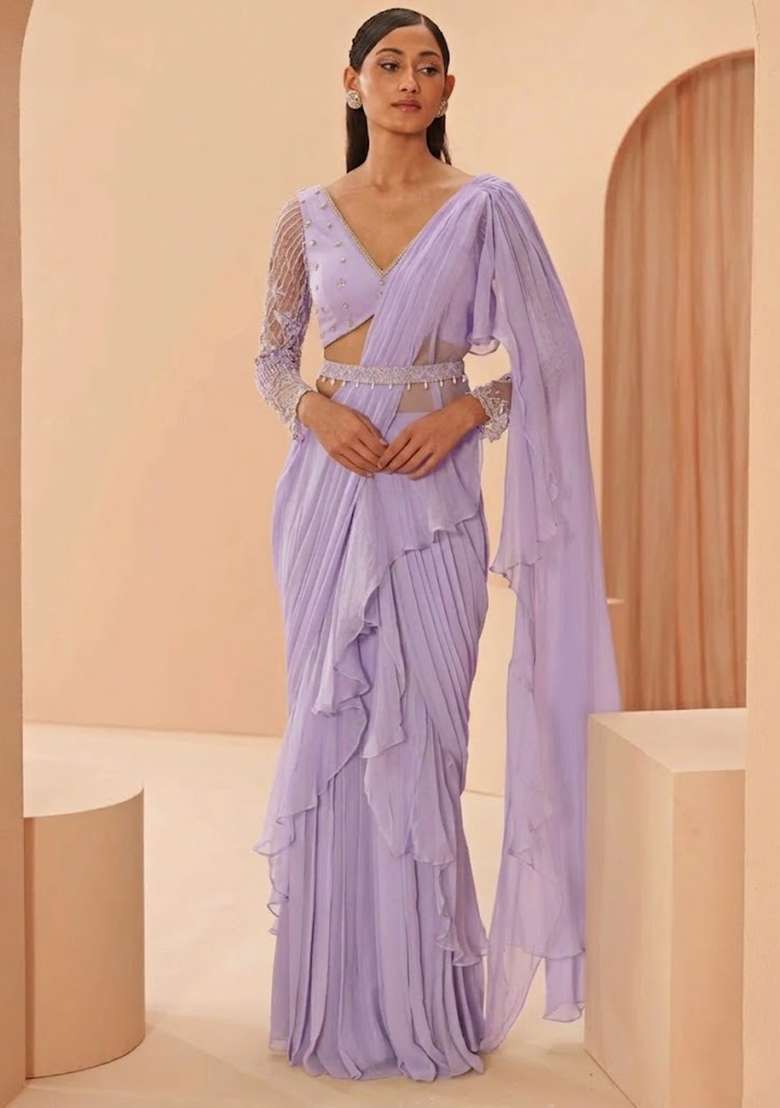 Lavender Hand Work Embellished Pre Draped Saree Set - Indya