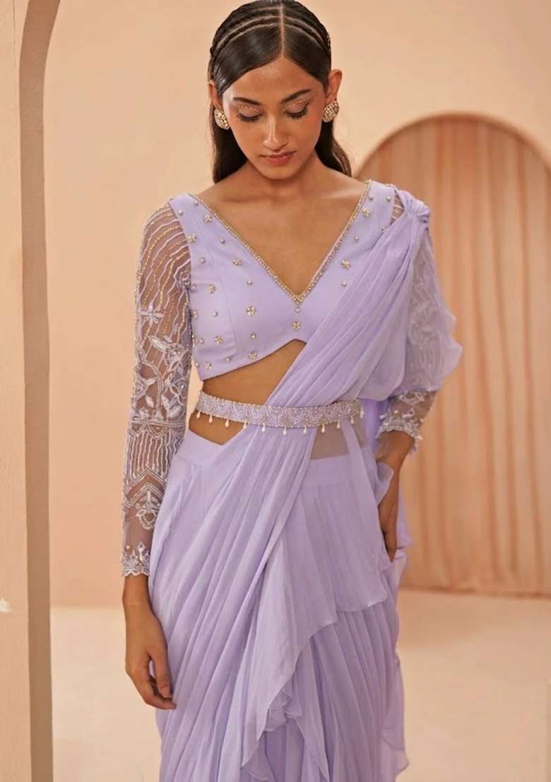 Lavender Hand Work Embellished Pre Draped Saree Set - Indya