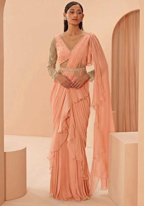 Peach Hand Work Embellished Pre Draped Saree Set