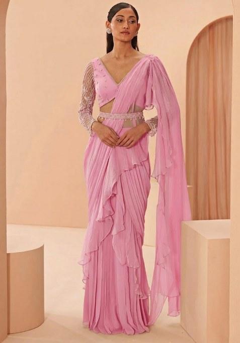 Pink Hand Work Embellished Pre Draped Saree Set