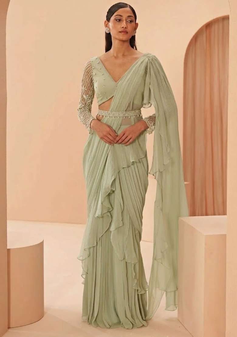 Sage Green Hand Work Embellished Pre Draped Saree Set - Indya