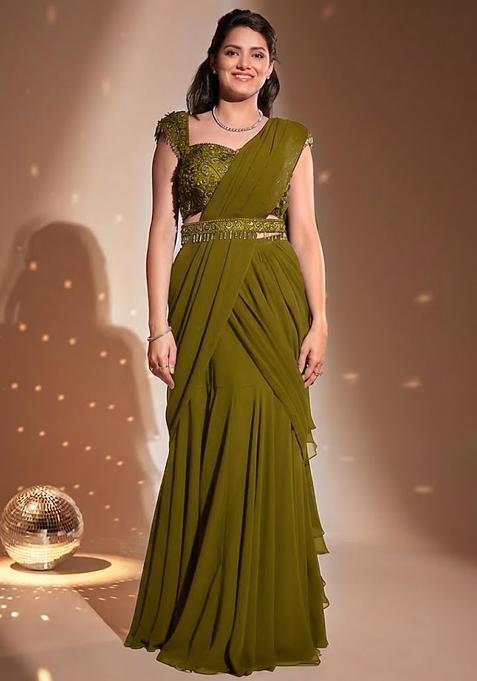 Olive Green Hand Work Embellished Pre Draped Saree Set