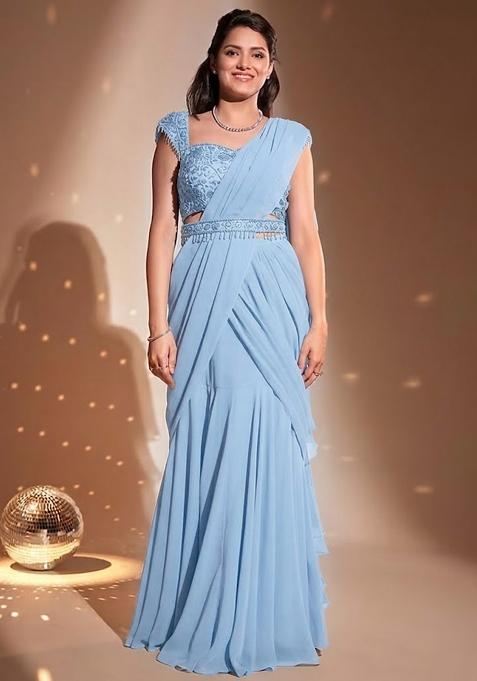 Light Blue Hand Work Embellished Pre Draped Saree Set