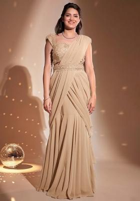 Beige Hand Work Embellished Pre Draped Saree Set