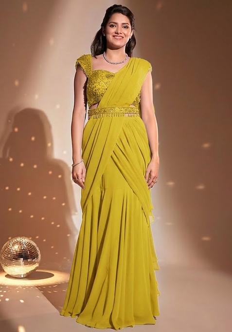 Light Green Hand Work Embellished Pre Draped Saree Set
