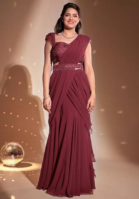 Bright Red Hand Work Embellished Pre Draped Saree Set