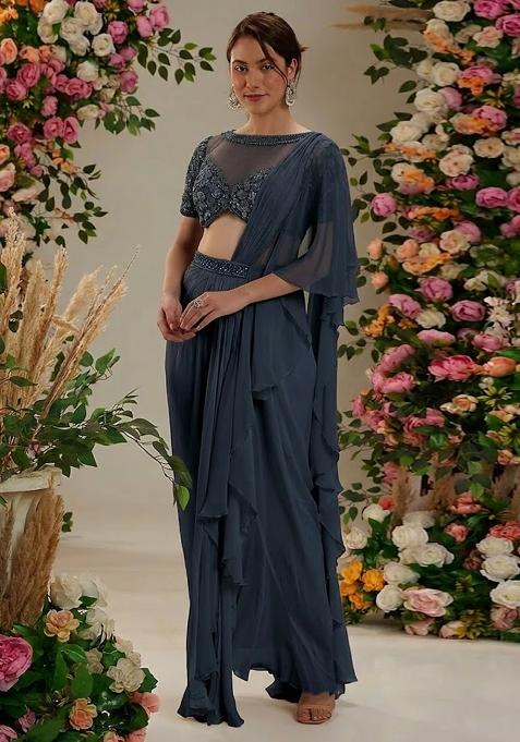 Deep Blue Hand Work Embellished Pre Draped Saree Set