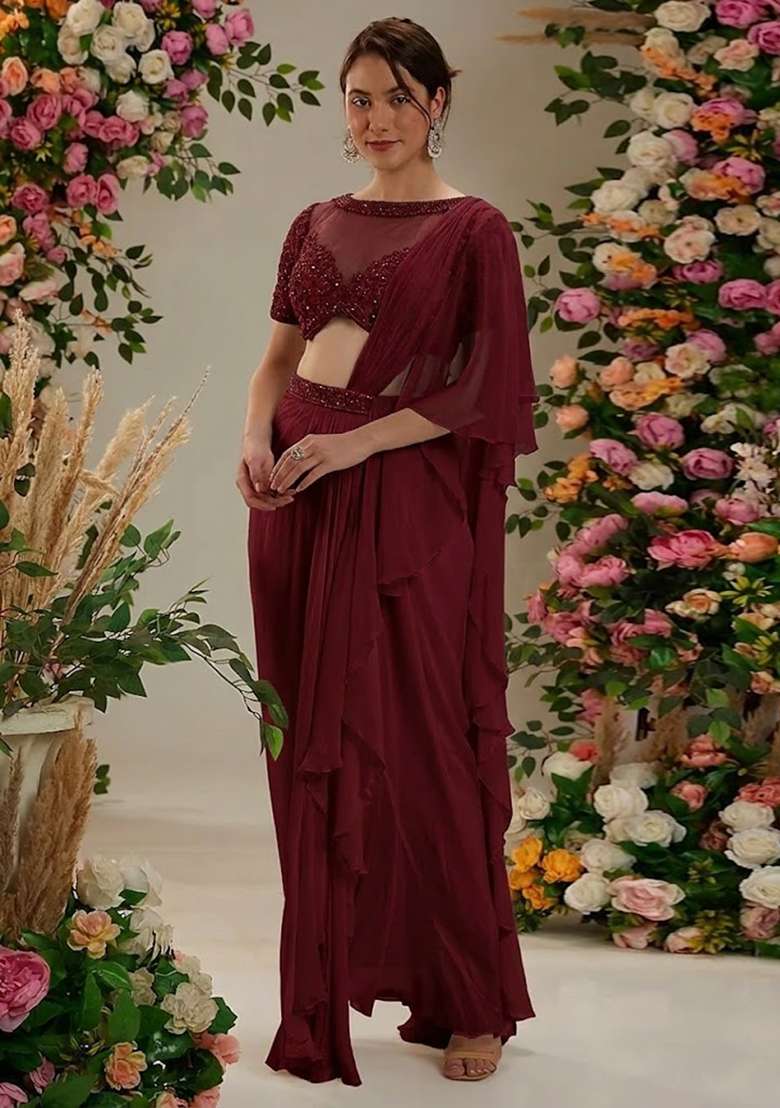 Red Hand Work Embellished Pre Draped Saree Set - Indya