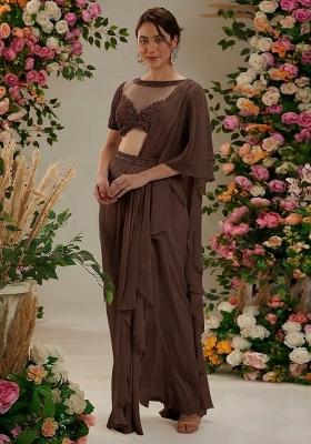 Dark Brown Hand Work Embellished Pre Draped Saree Set