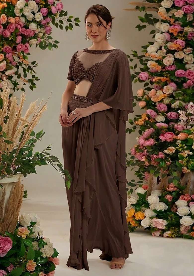 Dark Brown Hand Work Embellished Pre Draped Saree Set - Indya