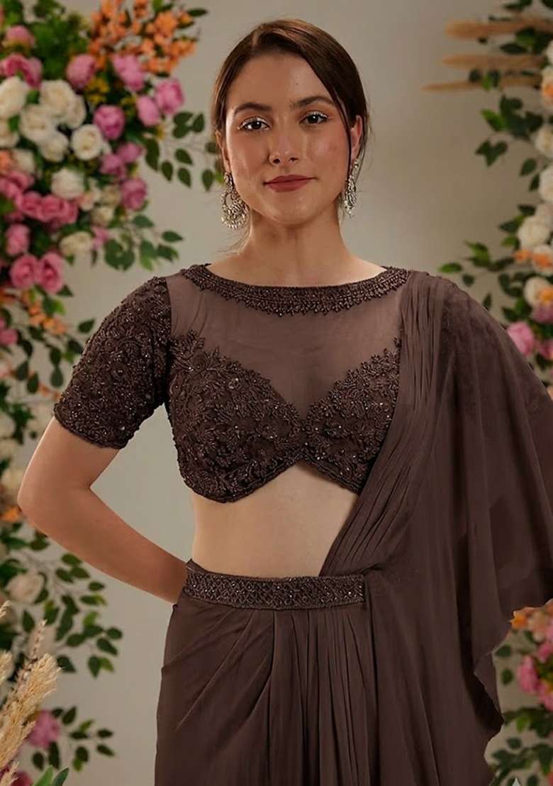 Dark Brown Hand Work Embellished Pre Draped Saree Set - Indya