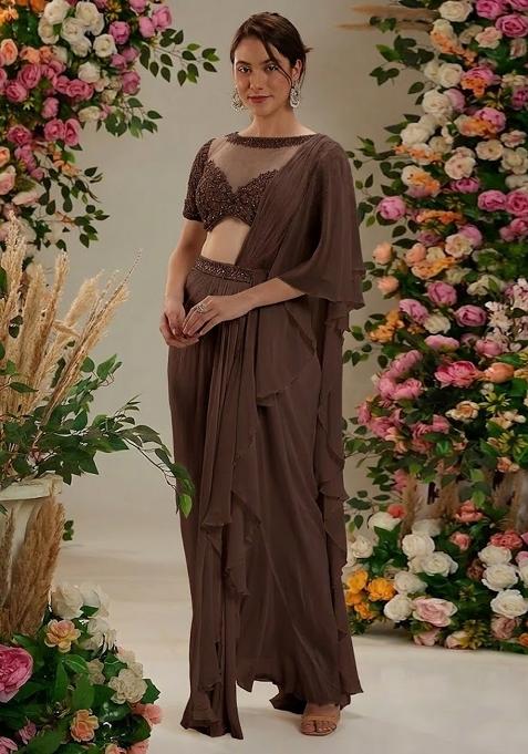 Dark Brown Hand Work Embellished Pre Draped Saree Set
