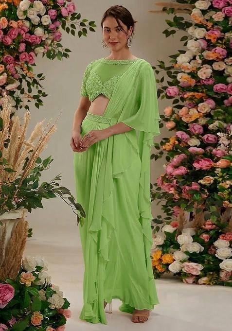 Lime Green Hand Work Embellished Pre Draped Saree Set