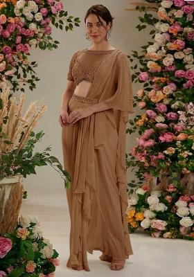 Brown Hand Work Embellished Pre Draped Saree Set