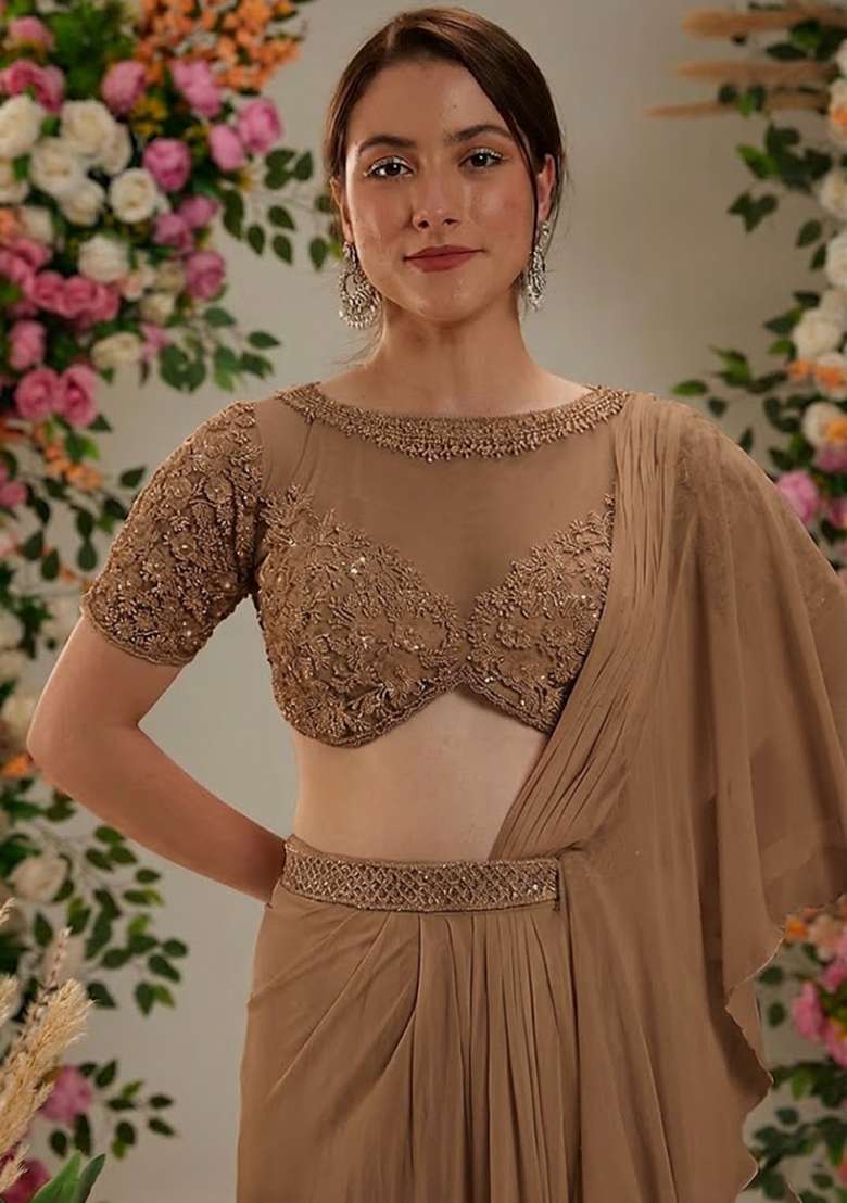 Brown Hand Work Embellished Pre Draped Saree Set - Indya