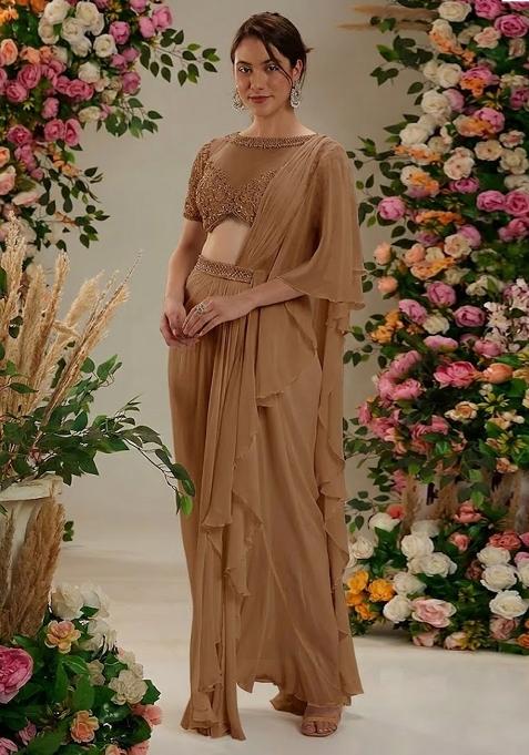 Brown Hand Work Embellished Pre Draped Saree Set — view on Indya