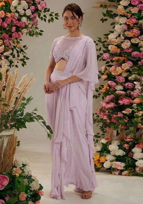 Light Purple Hand Work Embellished Pre Draped Saree Set