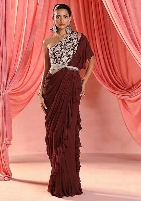 Dark Brown Hand Work Embroidered Pre Draped Saree Set