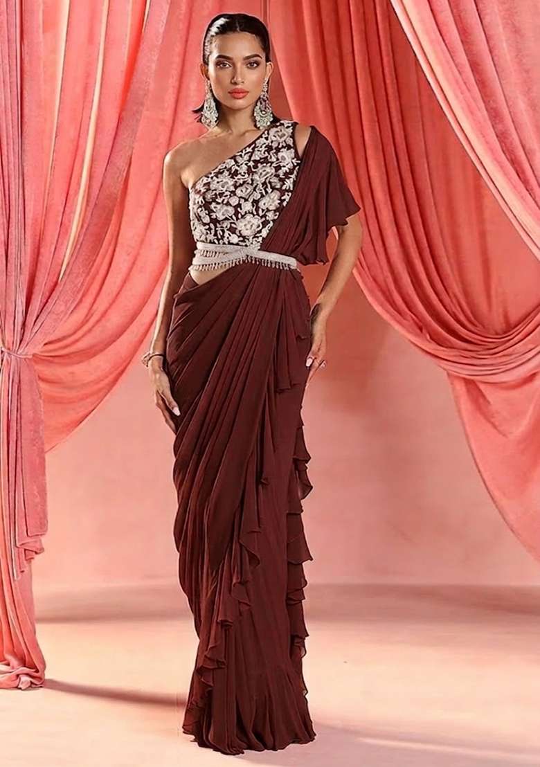 Dark Brown Hand Work Embroidered Pre Draped Saree Set - Indya