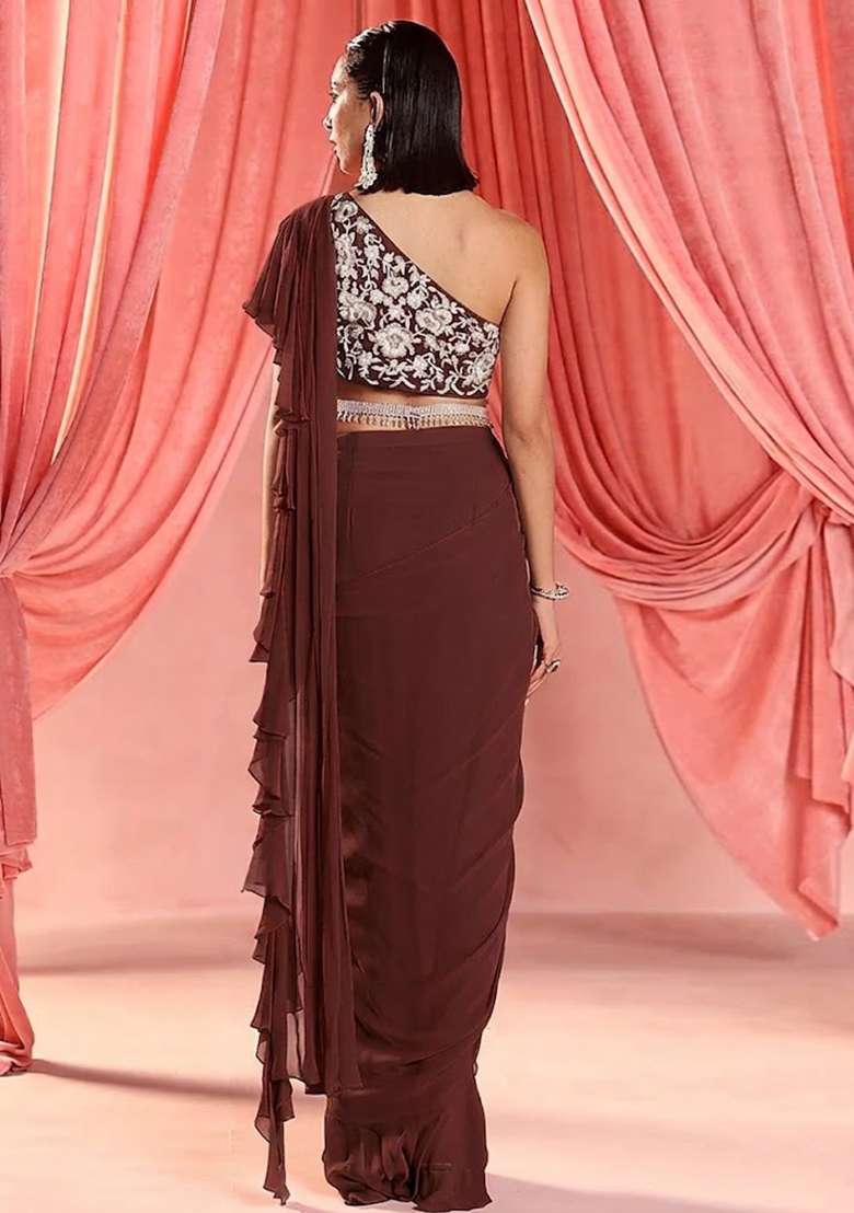 Dark Brown Hand Work Embroidered Pre Draped Saree Set - Indya
