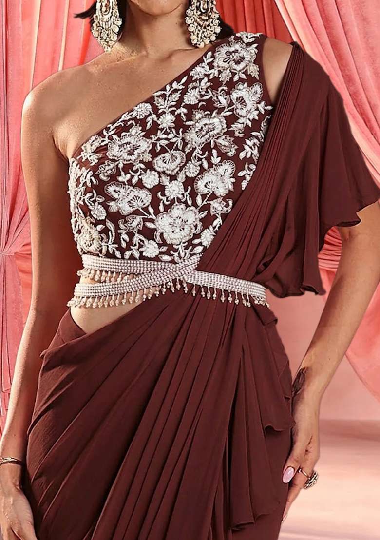 Dark Brown Hand Work Embroidered Pre Draped Saree Set - Indya