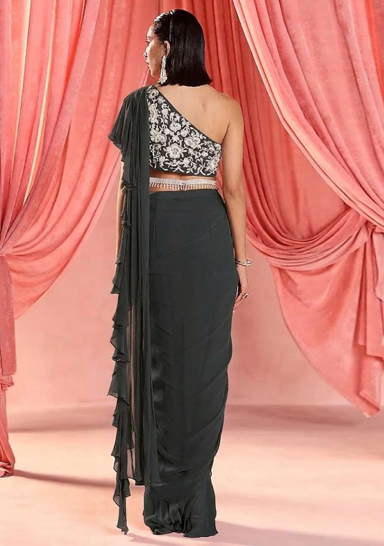 Dark Grey Hand Work Embroidered Pre Draped Saree Set - Indya