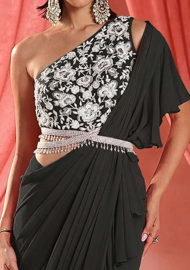 Dark Grey Hand Work Embroidered Pre Draped Saree Set - Indya