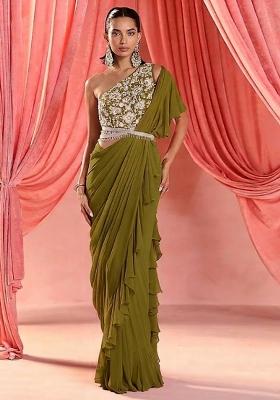 Olive Green Hand Work Embroidered Pre Draped Saree Set