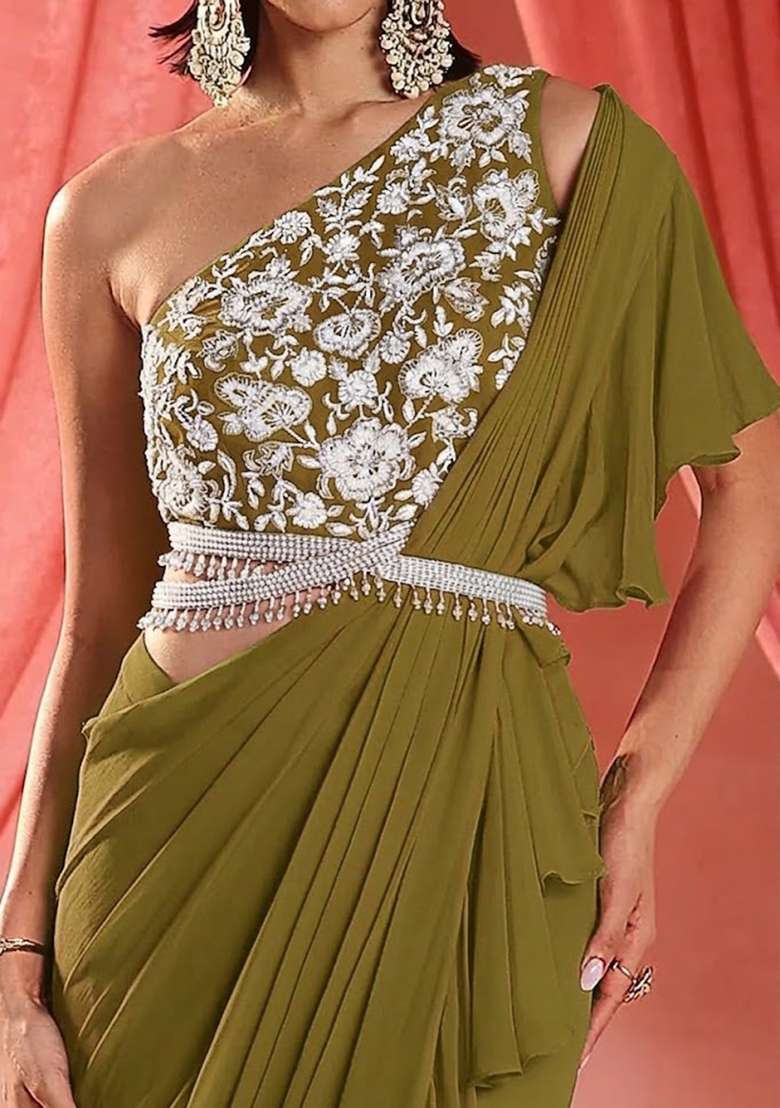 Olive Green Hand Work Embroidered Pre Draped Saree Set - Indya