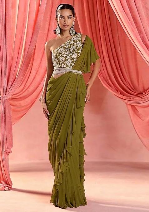 Olive Green Hand Work Embroidered Pre Draped Saree Set