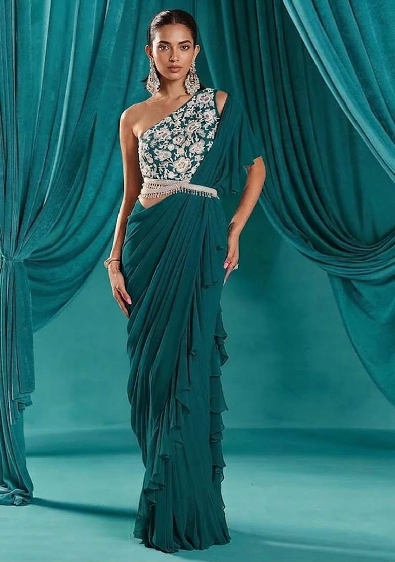 Teal Green Hand Work Embroidered Pre Draped Saree Set - Indya