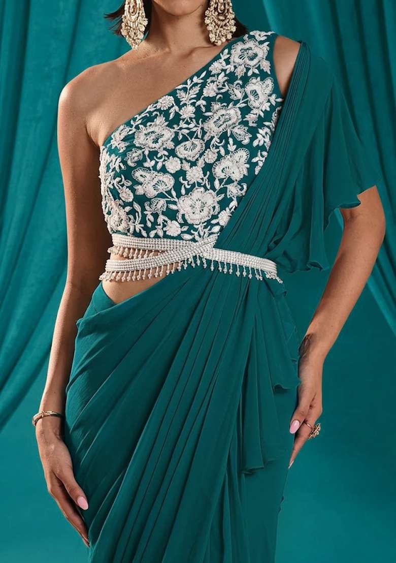 Teal Green Hand Work Embroidered Pre Draped Saree Set - Indya