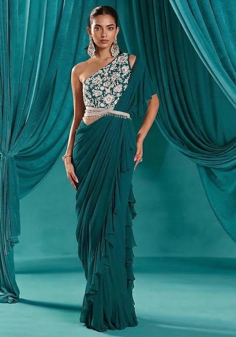 Teal Green Hand Work Embroidered Pre Draped Saree Set