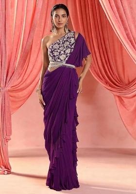 Purple Hand Work Embroidered Pre Draped Saree Set