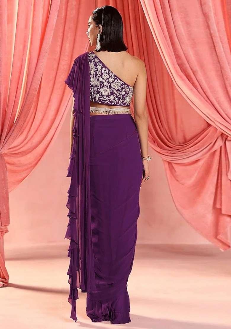 Purple Hand Work Embroidered Pre Draped Saree Set - Indya