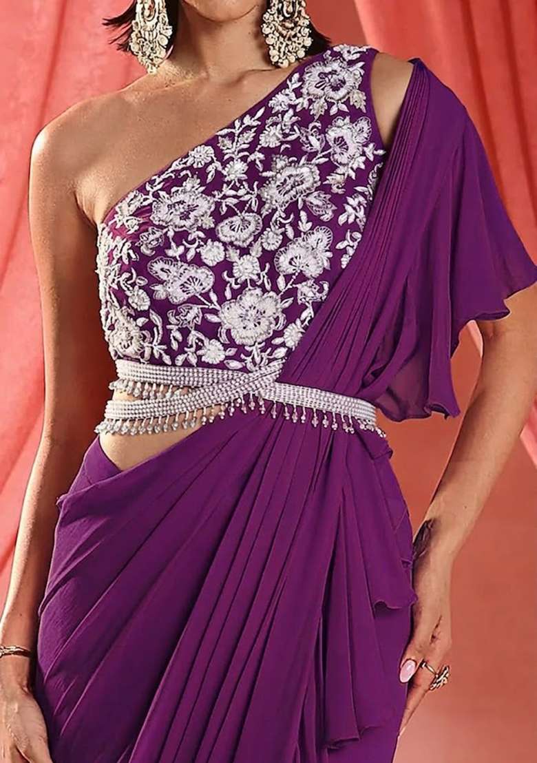 Purple Hand Work Embroidered Pre Draped Saree Set - Indya