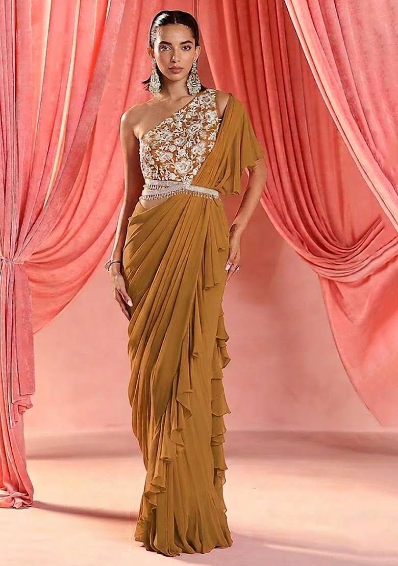 Mustard Yellow Hand Work Embroidered Pre Draped Saree Set - Indya