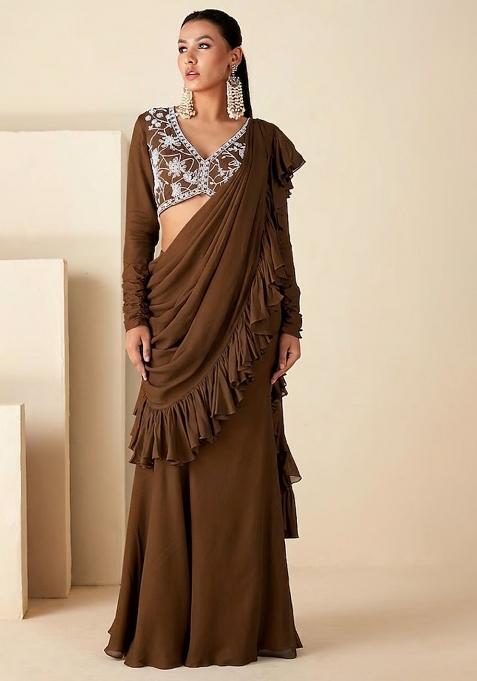 Brown Hand Work Embroidered Pre Draped Saree Set