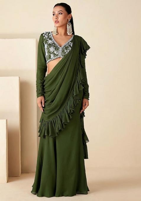 Green Hand Work Embroidered Pre Draped Saree Set