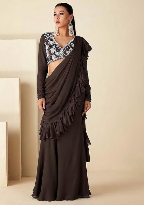 Dark Brown Hand Work Embroidered Pre Draped Saree Set