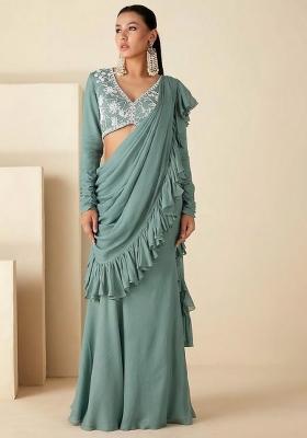  Green Hand Work Embroidered Pre Draped Saree Set