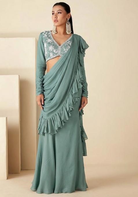 Green Hand Work Embroidered Pre Draped Saree Set — view on Indya