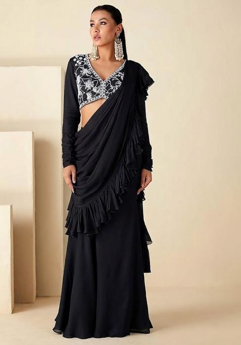 Black Hand Work Embroidered Pre Draped Saree Set