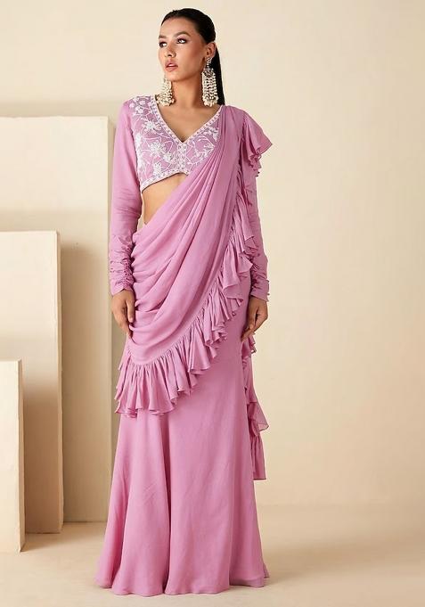 Hot Pink Hand Work Embroidered Pre Draped Saree Set