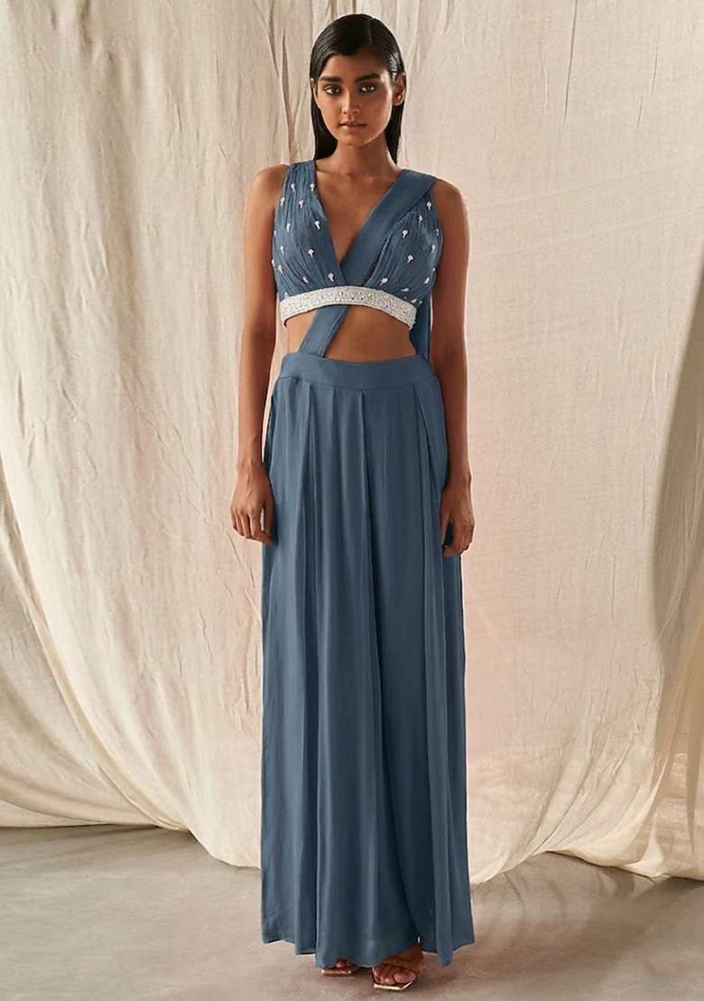 Royal Blue Hand Work Embellished Fusion Set - Indya